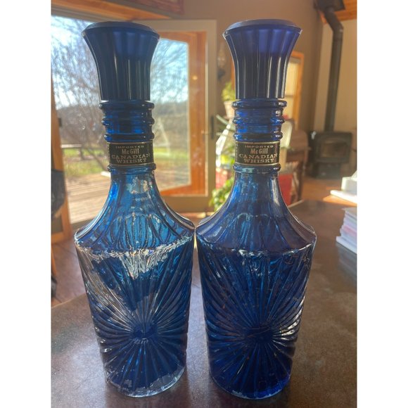 Imported McGill Canadian Whiskey 2 Cobalt Blue Decanters Bottled by James B Beam - Picture 10 of 10
